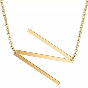 N LETTER INITIAL SLANT GOLD CHAIN PENDANT NECKLACE